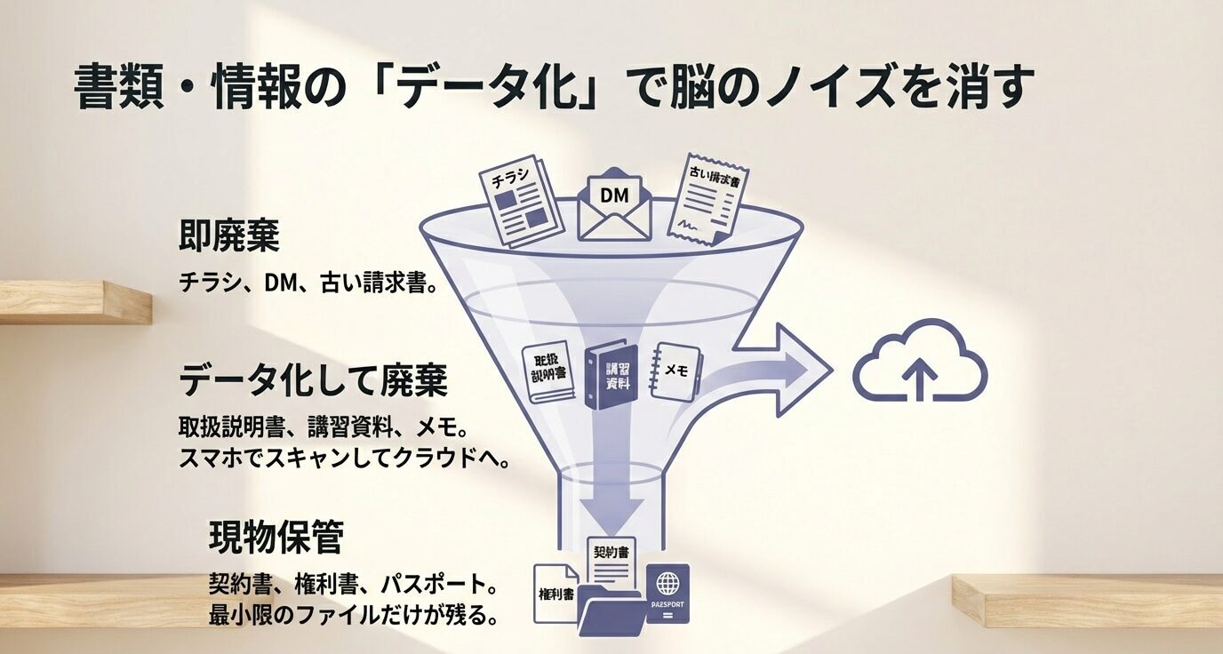 書類・情報を三分類。即廃棄(チラシ・DM等)、データ化して廃棄(説明書・資料・メモ)、現物保管(契約書・権利書・パスポート)を最小限に。