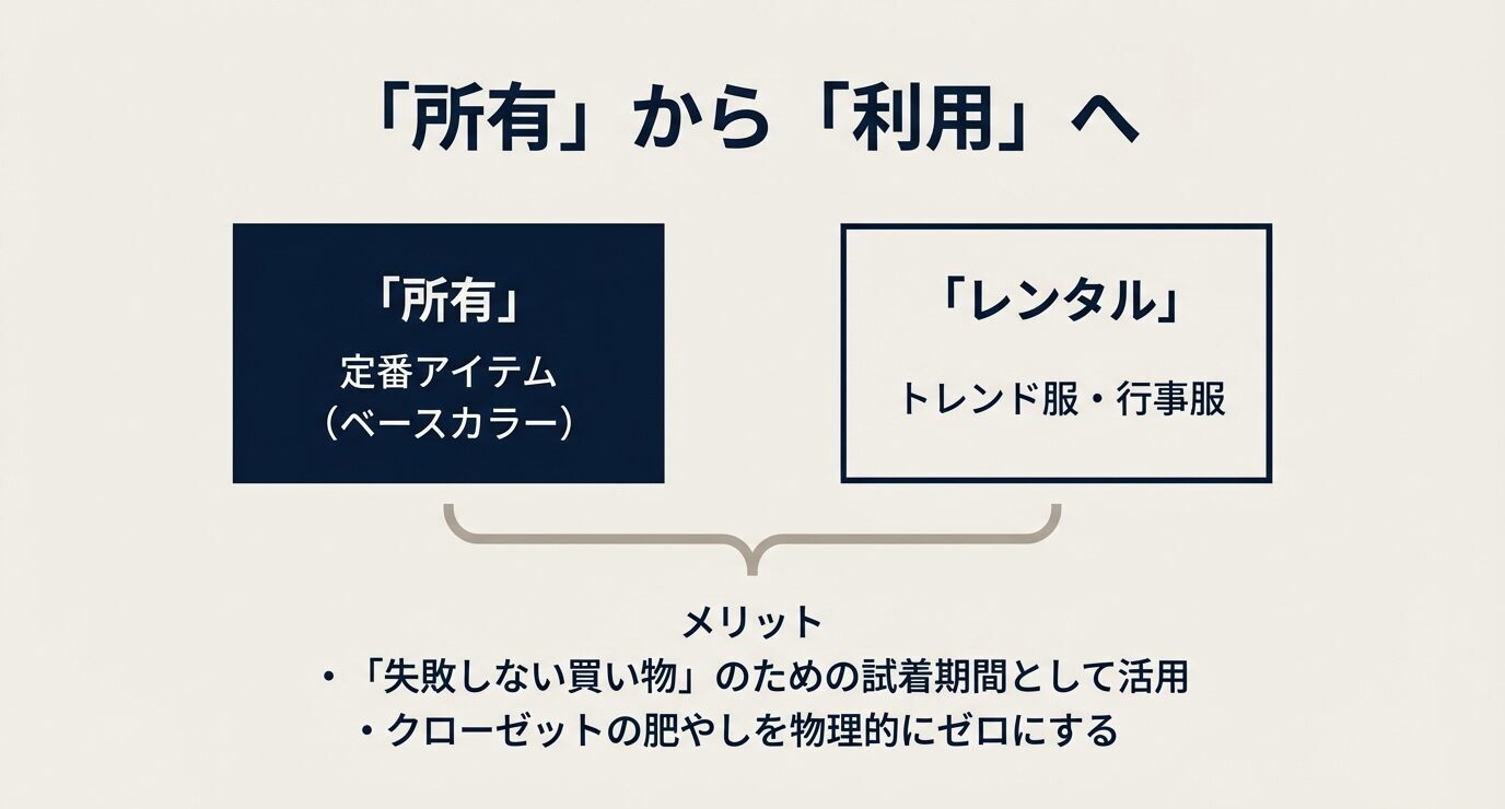 所有＝定番アイテム（ベースカラー）、レンタル＝トレンド服・行事服、の2分類。メリットとして「失敗しない買い物の試着期間」「クローゼットの肥やしをゼロにする」と示している。