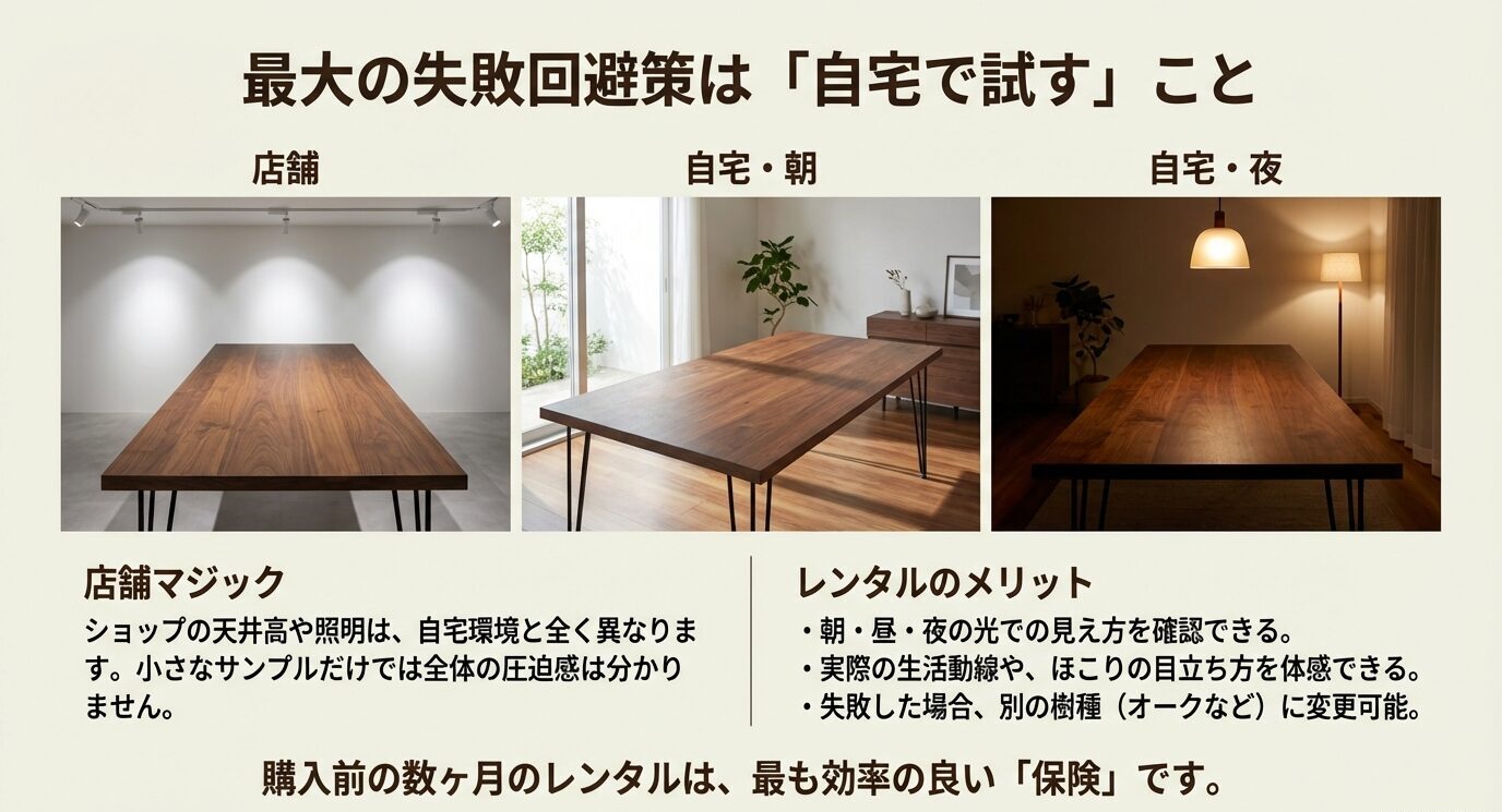 店舗/自宅(朝)/自宅(夜)の見え方比較。「店舗マジック」で判断しづらいこと、レンタルなら光の変化・生活導線・ほこりの目立ち方を体感でき、購入前の保険になることを示す。