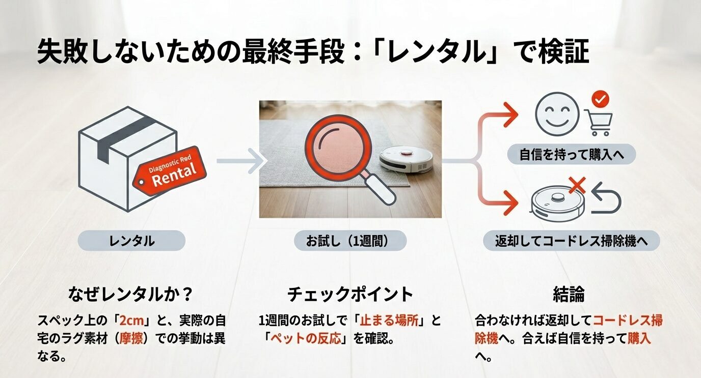 レンタル→1週間お試し→購入か返却か、の判断フロー。止まる場所やペットの反応を確認して、合わなければ別手段へ切り替える。