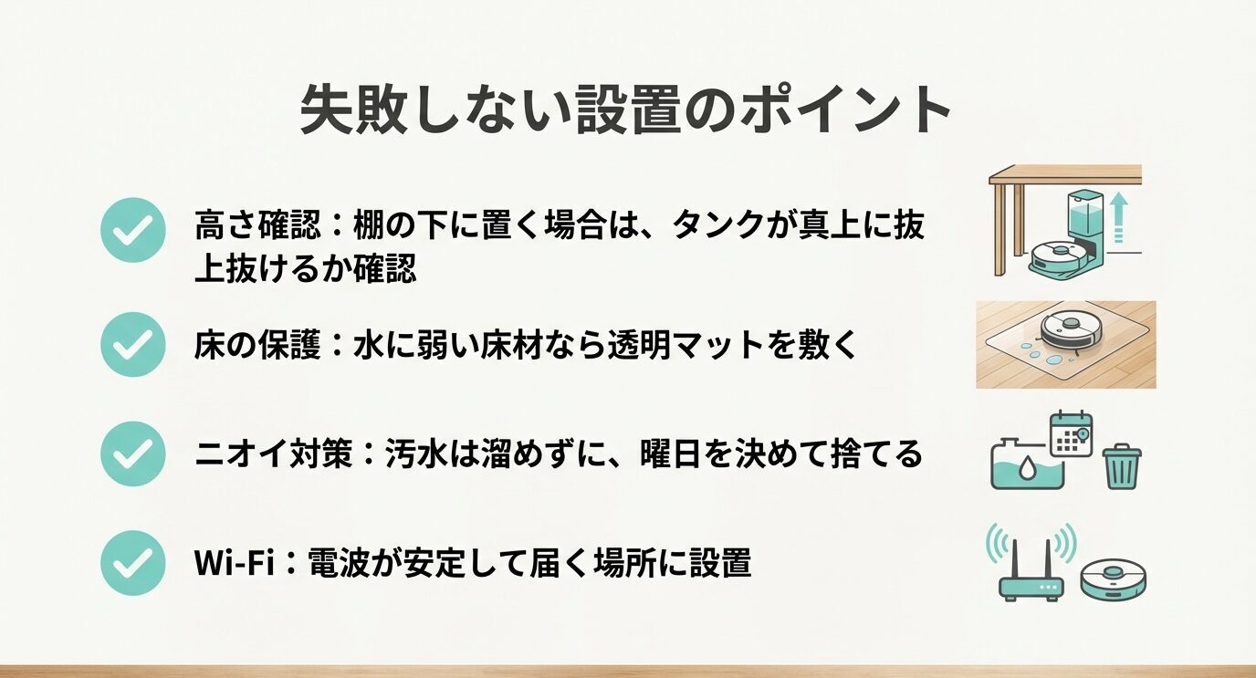 タンクを真上に抜ける高さを確保。水に弱い床は透明マットで保護。汚水は溜めず曜日で捨てる。Wi-Fiが安定する場所に設置する。