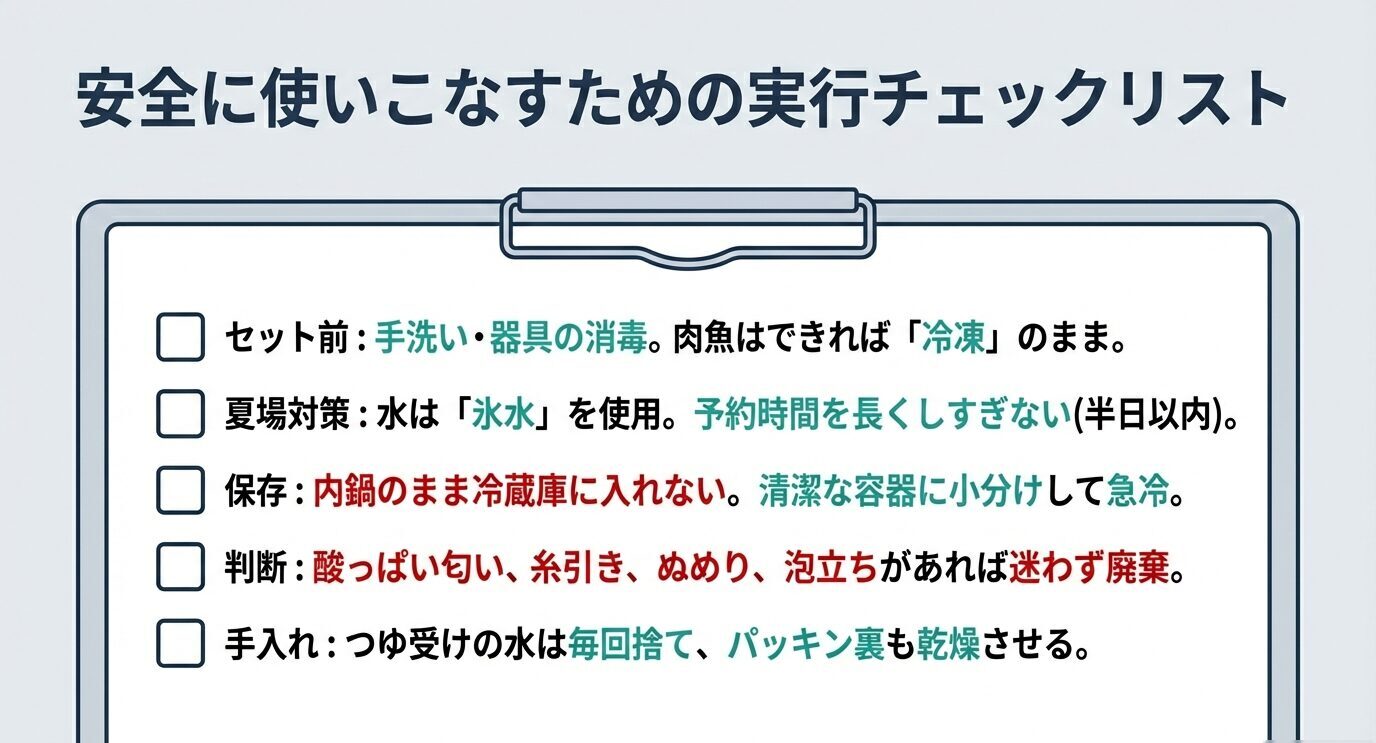 セット前・夏場対策・保存・廃棄判断・手入れの要点をチェック項目として一覧化したチェックリスト。