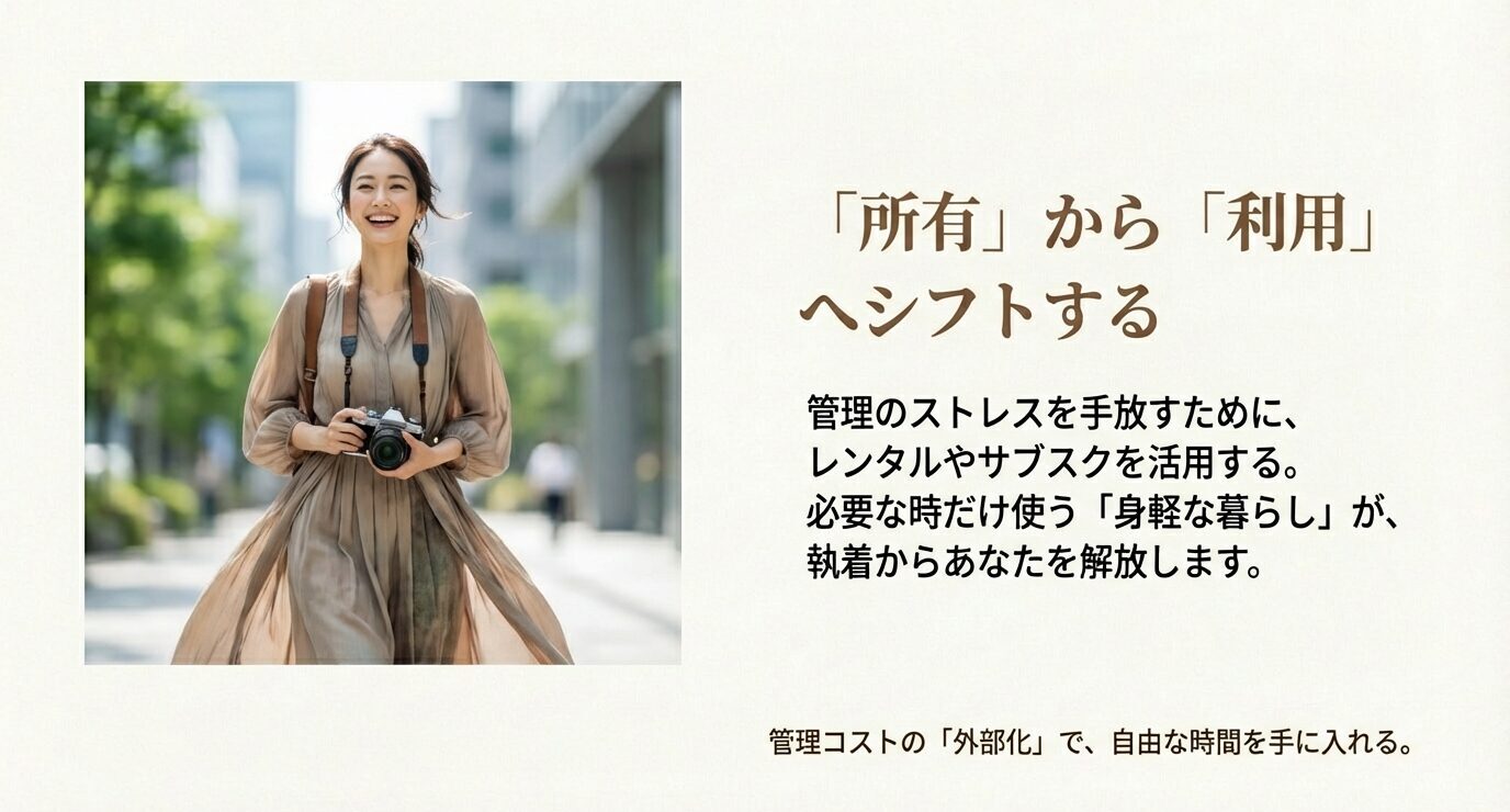 外で歩く人物の写真と「レンタルやサブスクで管理ストレスを手放し、必要な時だけ使う身軽さが執着から解放する」という内容。