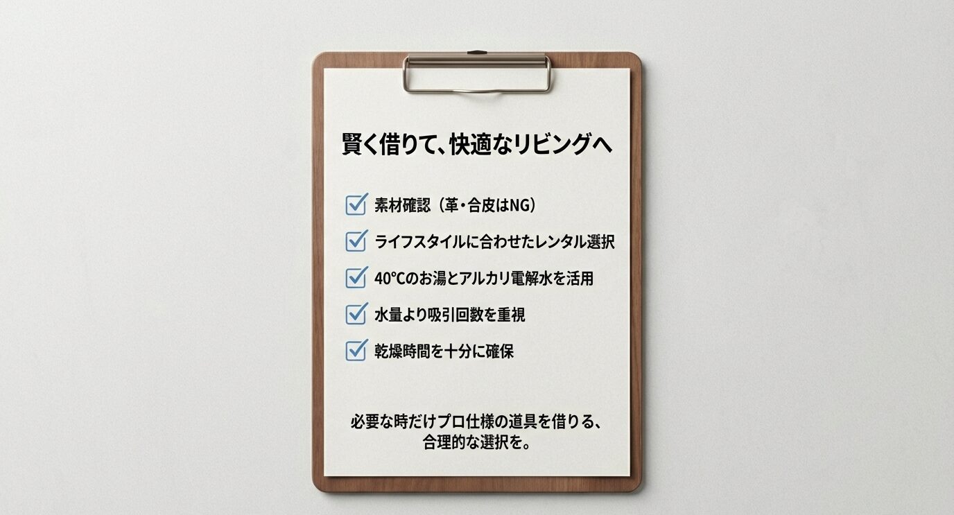 賢く借りて快適なリビングへ、のチェックリスト。素材確認(革・合皮NG)、レンタル方法選択、40℃+アルカリ電解水、水量より吸引回数、乾燥時間確保。