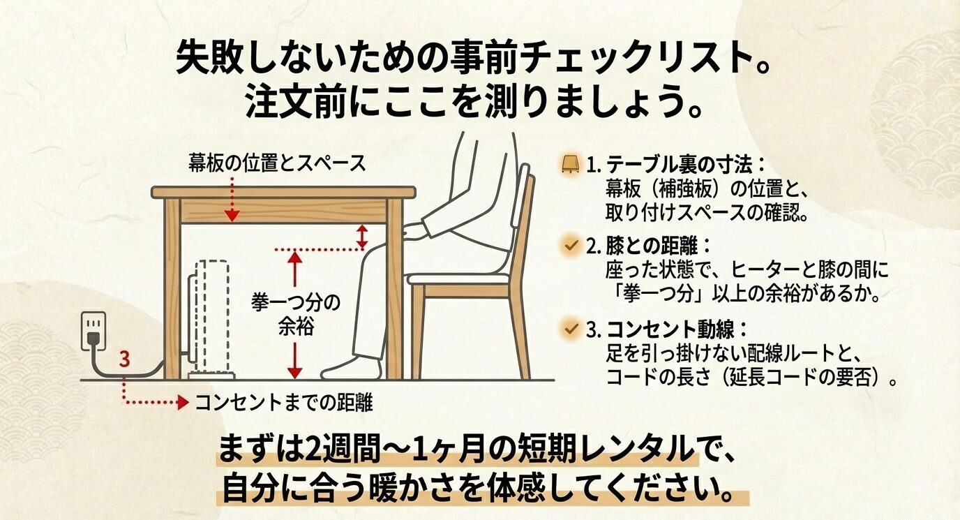 幕板位置と取り付けスペース、膝とヒーターの距離(拳一つ分)、コンセントまでの距離と配線ルートを測る手順を示す図
