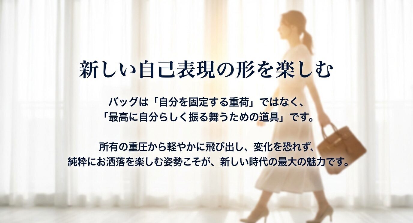 「新しい自己表現の形を楽しむ」。窓辺を歩く人物とバッグの写真に、バッグは自分を固定する重荷ではなく最高に自分らしく振る舞うための道具、というメッセージ