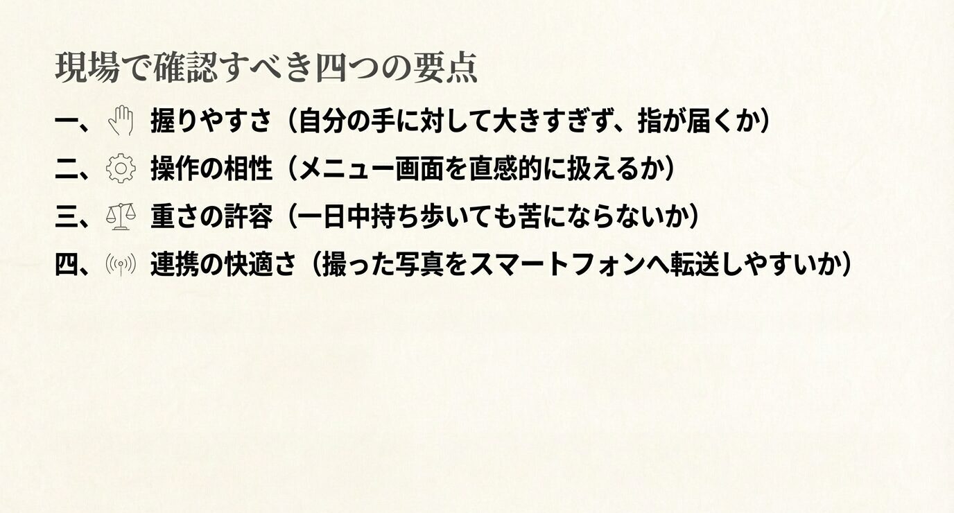 握りやすさ、操作性、重さ、スマホ連携の4項目を、レンタル時の確認ポイントとして整理したスライド