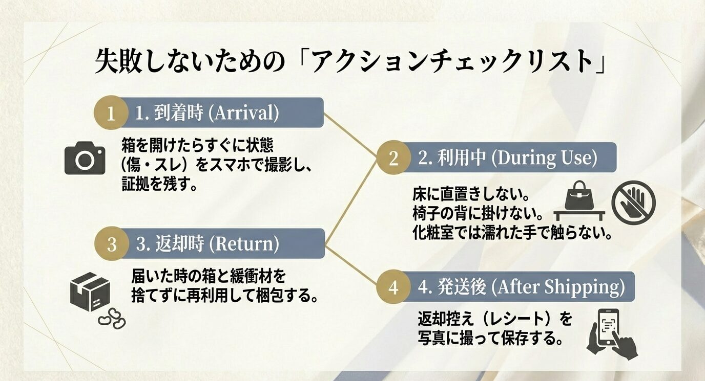 到着時の撮影、利用中の扱い注意、返却時の梱包、発送後の控え保存まで、4段階で失敗防止行動を整理したチェック図