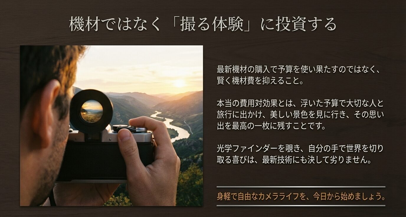 高価な最新機材を買うより、機材費を抑えて旅行や思い出づくりなどの撮影体験に投資する価値を伝える締めのスライド。