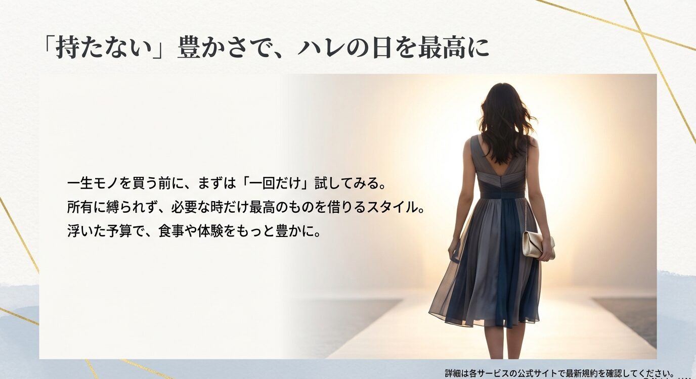 ドレス姿の女性の背中写真とともに、「一生モノを買う前にまず一回だけ試す」「必要な時だけ最高のものを借りる」という締めメッセージ