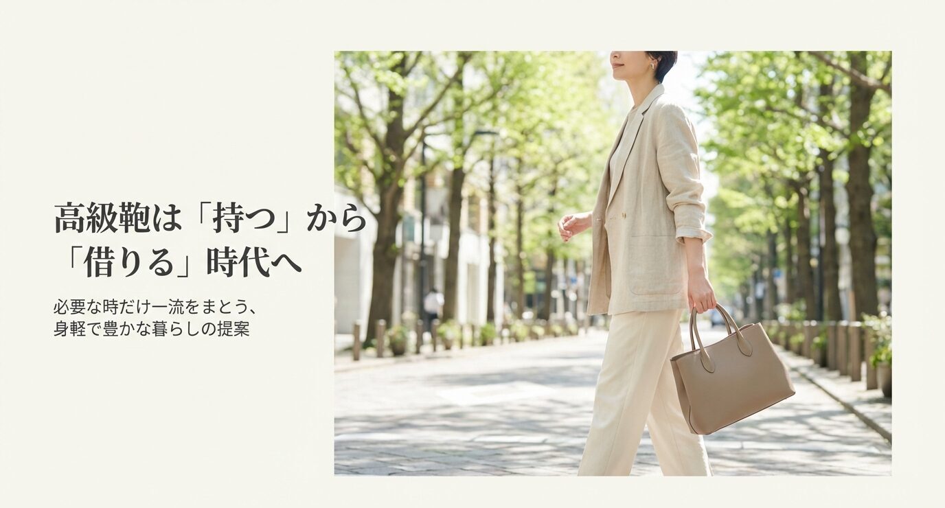 木漏れ日の並木道をバッグを持って歩く人物写真に、「高級鞄は『持つ』から『借りる』時代へ」「必要な時だけ一流をまとう、身軽で豊かな暮らしの提案」と書かれた導入スライド。