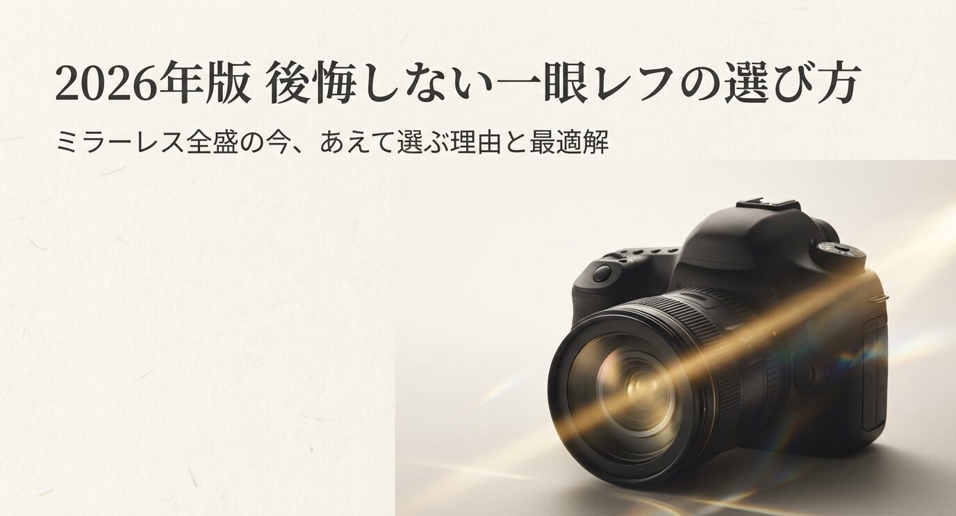 2026年に一眼レフを選ぶ理由をテーマに、カメラ本体のビジュアルとタイトルを配置した表紙スライド
