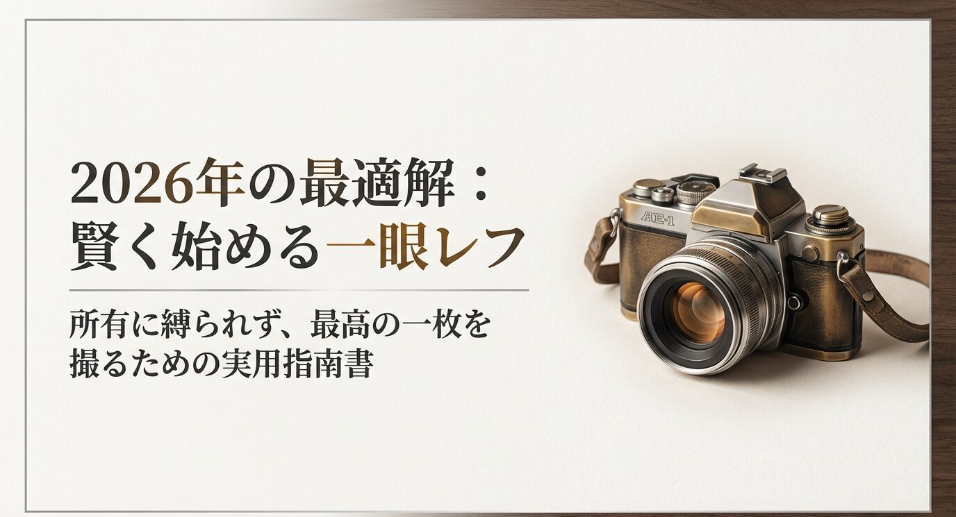 2026年の一眼レフ選びをテーマにした表紙スライド。所有に縛られず、コスパ重視で最高の一枚を撮る考え方を示している。