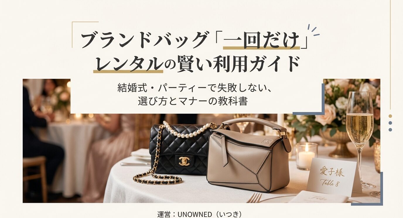 結婚式のテーブル上に黒のチェーンバッグとベージュのバッグが置かれ、「ブランドバッグ一回だけレンタルの賢い利用ガイド」と表示された表紙