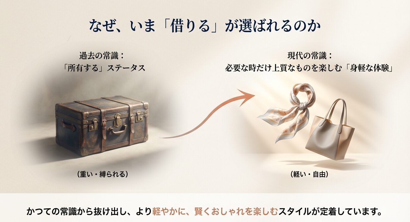「なぜ、いま『借りる』が選ばれるのか」。左に“所有＝ステータス（重い）”、右に“必要な時だけ上質を楽しむ（軽い・自由）”を示し、矢印で価値観の変化を表す図