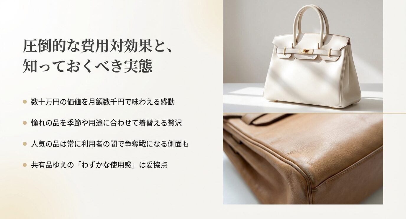 「圧倒的な費用対効果と、知っておくべき実態」という見出しと、月額数千円で高額バッグを楽しめる一方、人気は争奪戦・共有品の使用感は妥協点とまとめた箇条書き。右側に高級バッグと角スレの写真。