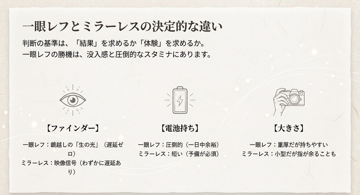一眼レフとミラーレスの違いを、ファインダー、電池持ち、大きさの3項目で比較したスライド