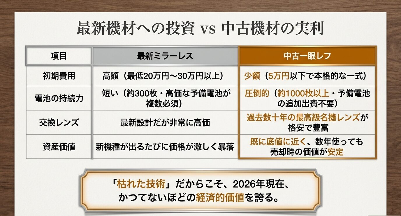 最新ミラーレスと中古一眼レフを、初期費用、バッテリー持ち、レンズ価格、資産価値で比較した表。中古一眼レフの費用対効果の高さが分かる。