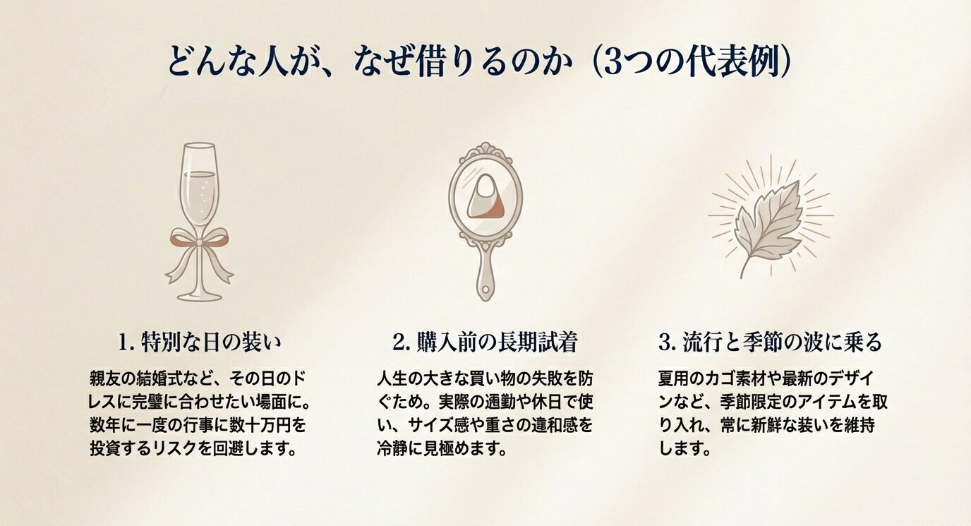「どんな人が、なぜ借りるのか（3つの代表例）」。①特別な日の装い ②購入前の長期試着 ③流行と季節の波に乗る、の3項目をアイコン付きで示す