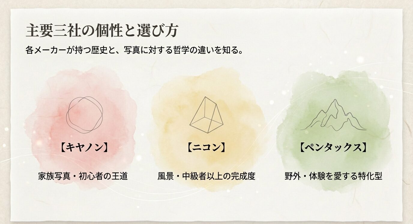 キヤノン、ニコン、ペンタックスの個性を、初心者向け・完成度重視・野外向けという観点で整理した比較スライド