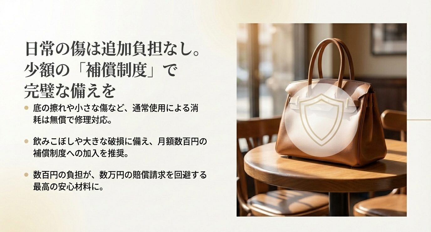 「日常の傷は追加負担なし。少額の『補償制度』で完璧な備えを」という見出し。通常使用の小傷は無償修理、飲みこぼし等に備え月額数百円の補償推奨、少額で高額請求回避と説明。右側にバッグ写真と盾のアイコン。