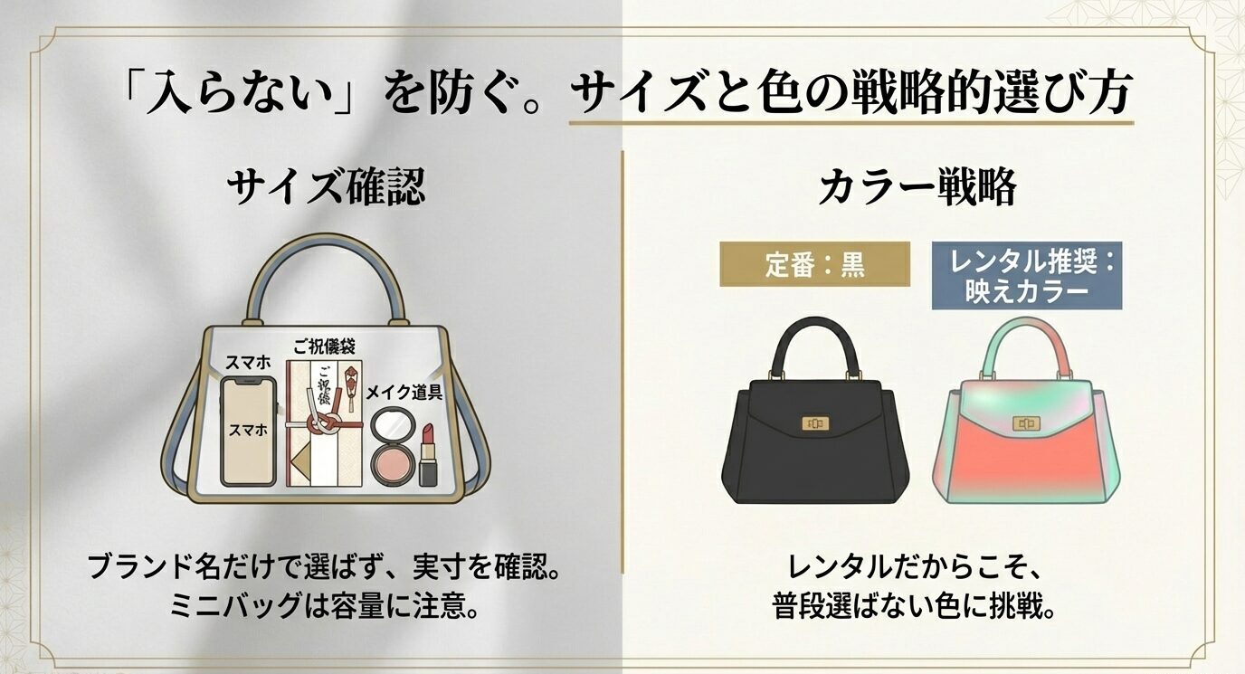 スマホ・ご祝儀袋・メイク道具などの収納を示すサイズ確認図と、定番黒＋レンタル向きの映えカラーを並べたカラー戦略