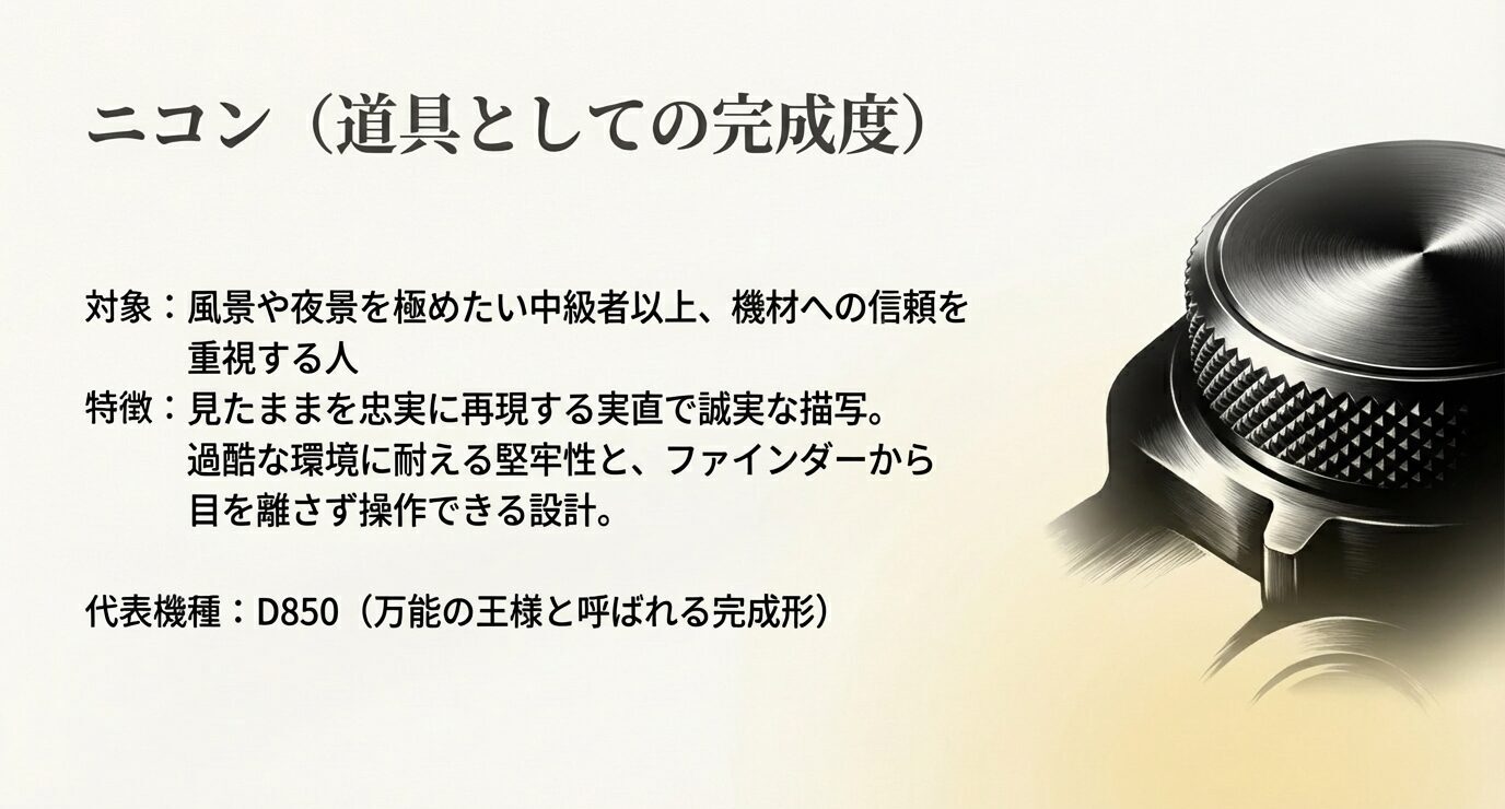 ニコンが風景や夜景を撮る中級者以上向きで、D850を代表機種として紹介するスライド