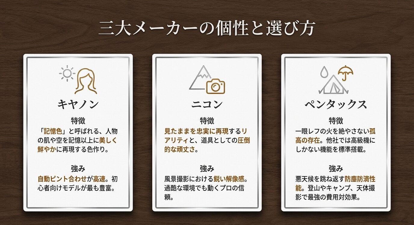 キヤノン、ニコン、ペンタックスの特徴と強みを比較した3列構成のスライド。色作り、解像感、防塵防滴性能などの違いがひと目で分かる。