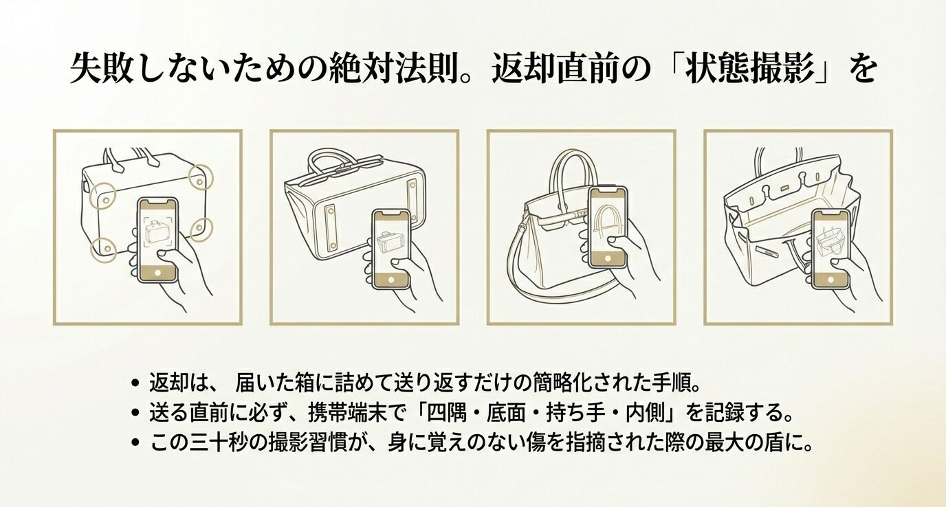 「失敗しないための絶対法則。返却直前の『状態撮影』を」という見出し。スマホでバッグの四隅・底面・持ち手・内側を撮るイラスト4枚と、30秒の撮影習慣が“身に覚えのない傷”指摘への盾になる旨の説明。