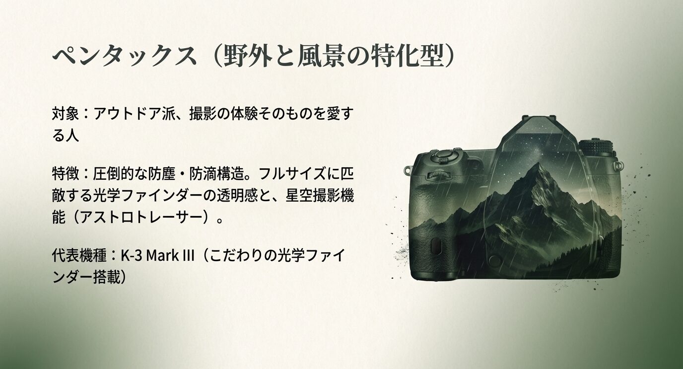 ペンタックスの防塵防滴、見やすい光学ファインダー、アストロトレーサー、K-3 Mark IIIを紹介するスライド