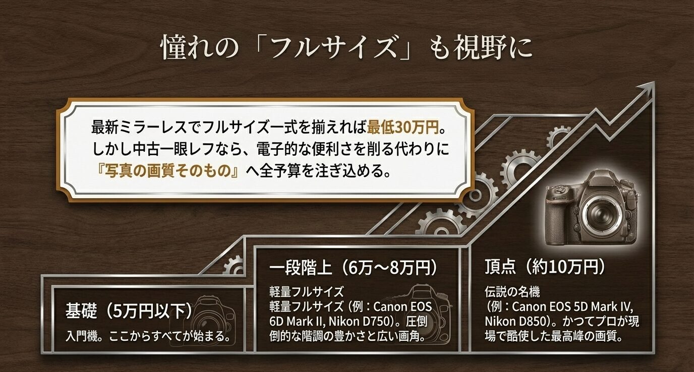 中古一眼レフでフルサイズ機に手が届くことを示す比較スライド。入門機から6D系・D750系、5D Mark IVやD850級までの価格感と位置づけが整理されている。