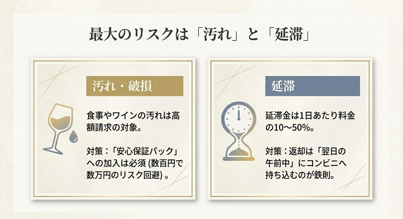 汚れ・破損は高額請求の可能性、延滞金は1日あたり10〜50%という注意点と、保証加入・翌日午前返却の対策を示す