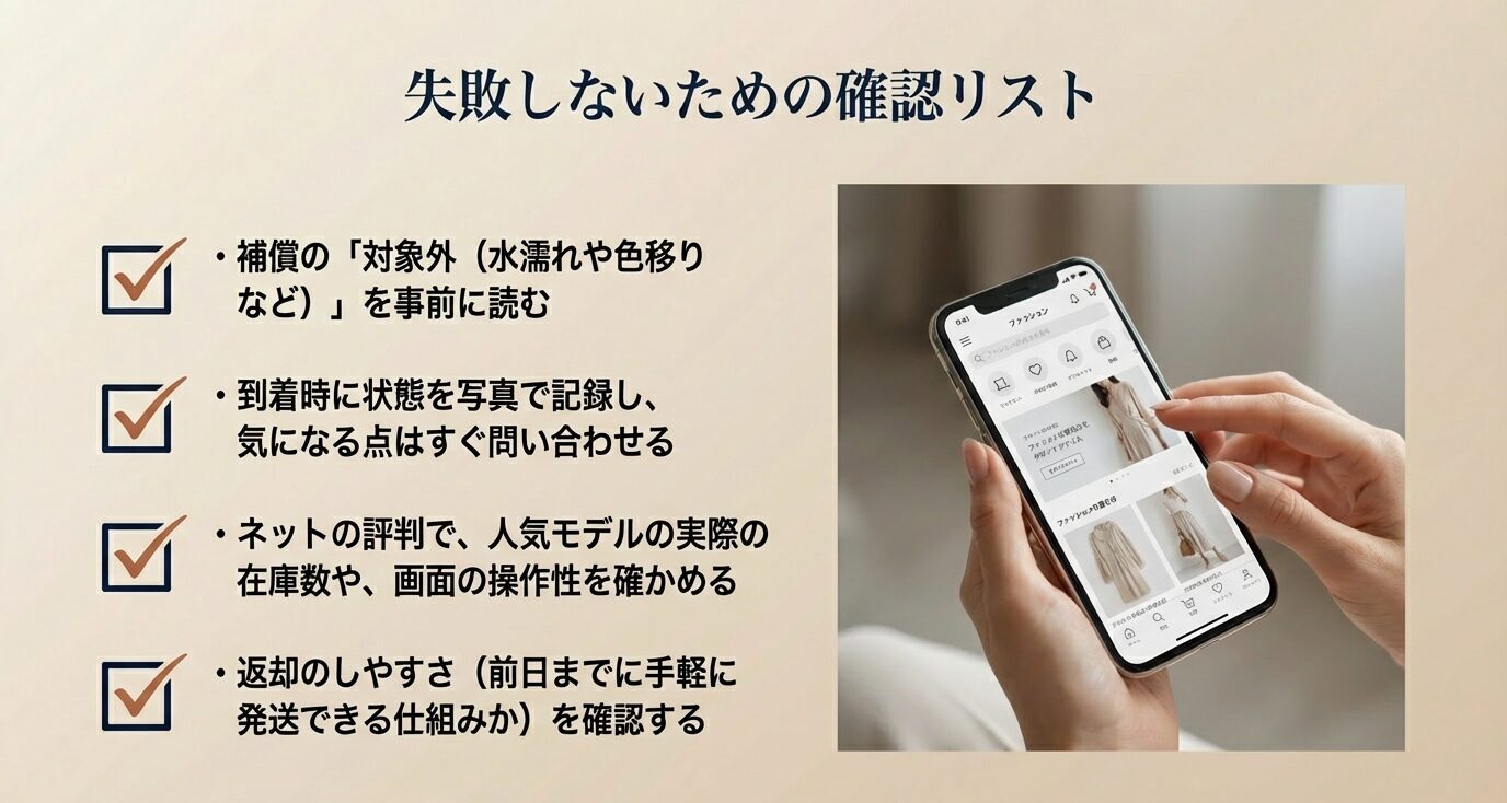 「失敗しないための確認リスト」。補償の対象外確認、到着時の写真記録、評判や在庫数・操作性の確認、返却のしやすさ確認のチェック項目とスマホ写真