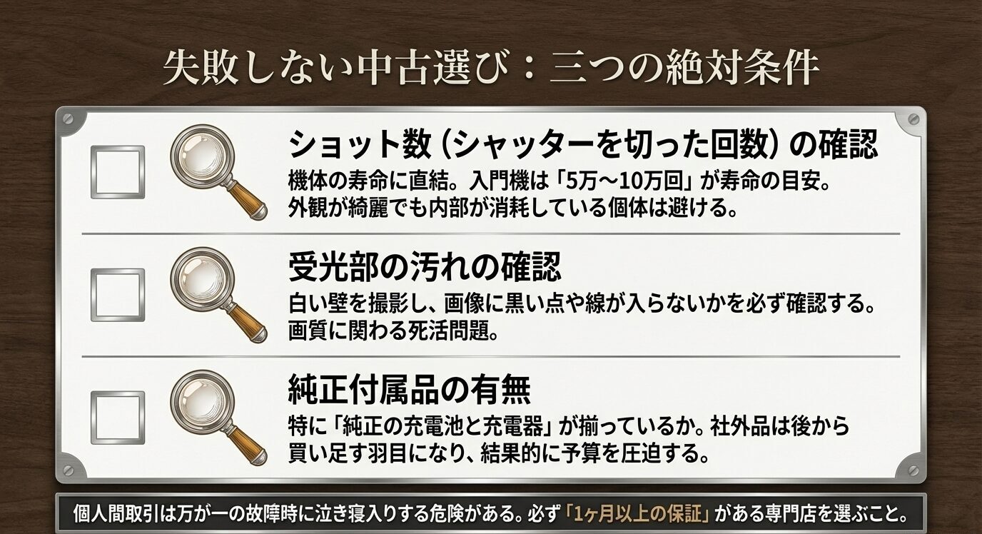 中古一眼レフを選ぶ際の重要条件として、ショット数、センサー汚れ、純正付属品と保証の有無を整理したチェックリスト型スライド。