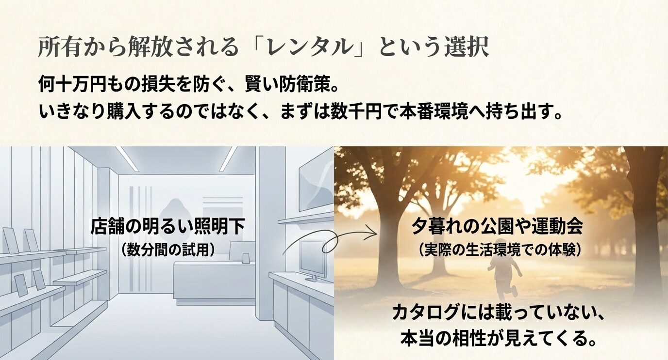 店頭で短時間試すのではなく、実際の生活環境でカメラを試すべきだと伝えるレンタル活用スライド