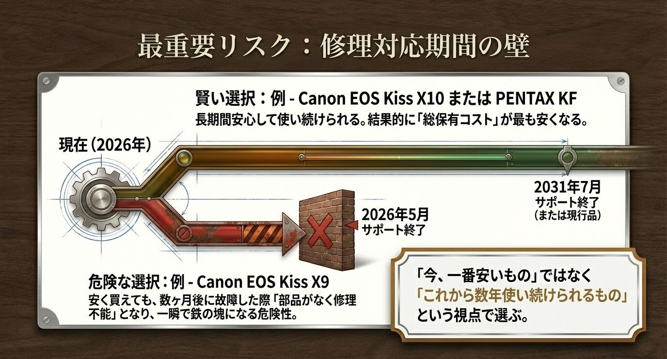 修理対応期間を基準に、中古で避けたい機種と安心して選びやすい機種を対比したスライド。EOS Kiss X9系のリスクとX10、PENTAX KFの安心感を示している。