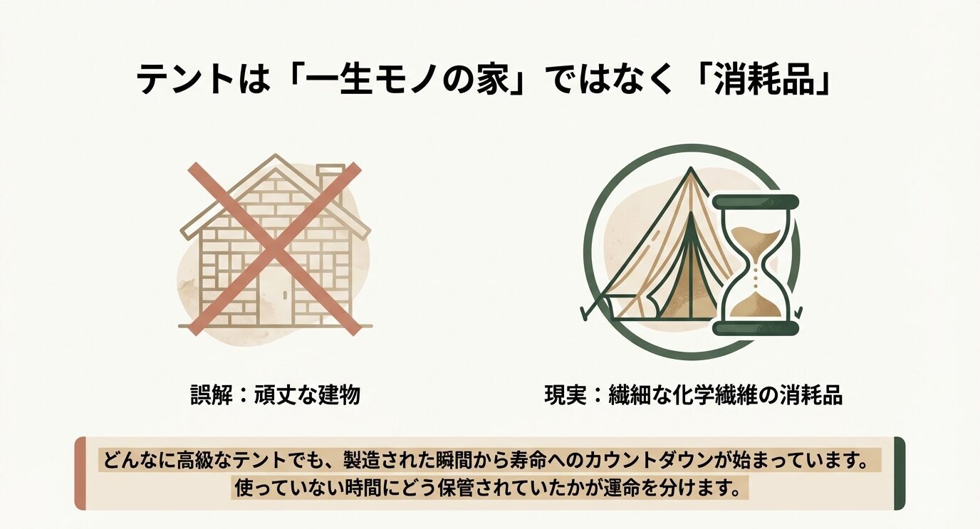 家のイラストにバツ印を重ねた誤解と、砂時計付きのテントで示した消耗品という現実を対比した図