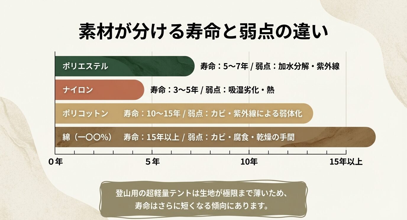 ポリエステル、ナイロン、ポリコットン、コットンの寿命目安と主な弱点を横棒で比較した図