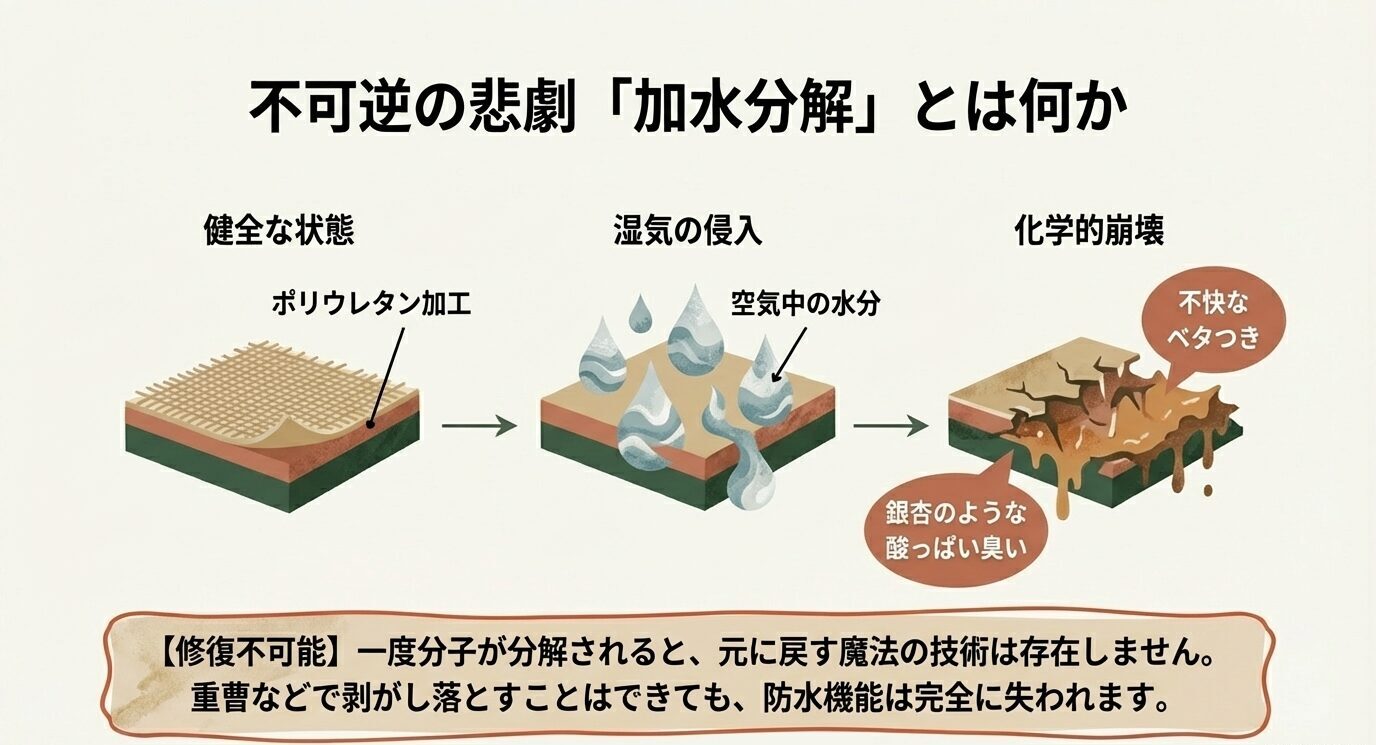健全なコーティングが湿気の侵入で分解し、ベタつきや酸っぱい臭いを起こす加水分解の流れを示した図