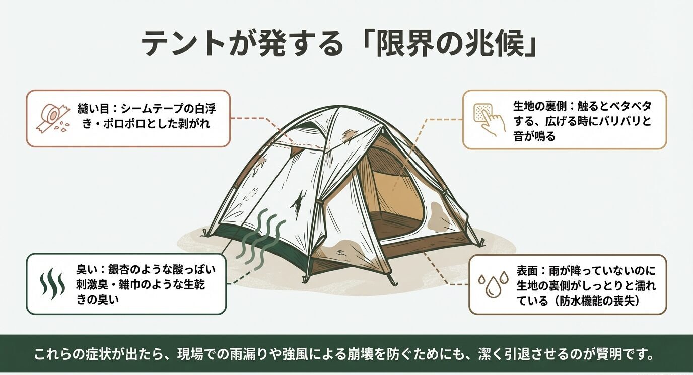 シームテープの浮き、裏地のベタつき、酸っぱい臭い、雨がないのに裏側が濡れる症状を示したテント劣化の図