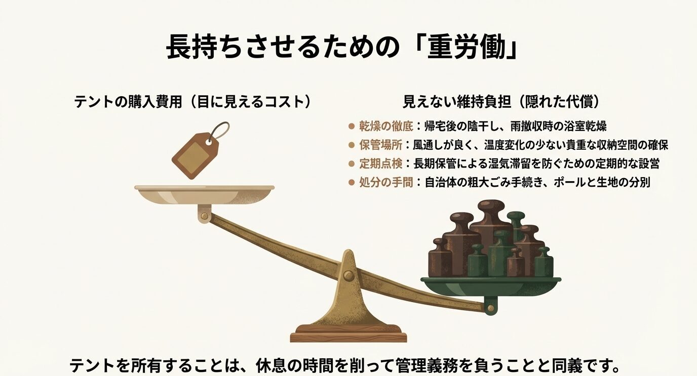 購入費用と、乾燥・保管・定期点検・処分の見えない維持負担を天秤で比較した図