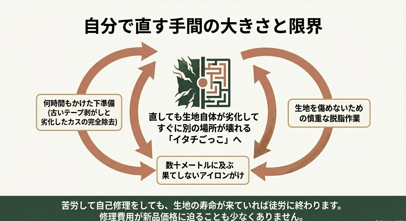 古いテープ剥がし、慎重な脱脂、長いアイロン作業をしても別の場所が壊れる自己修理の限界を示した図