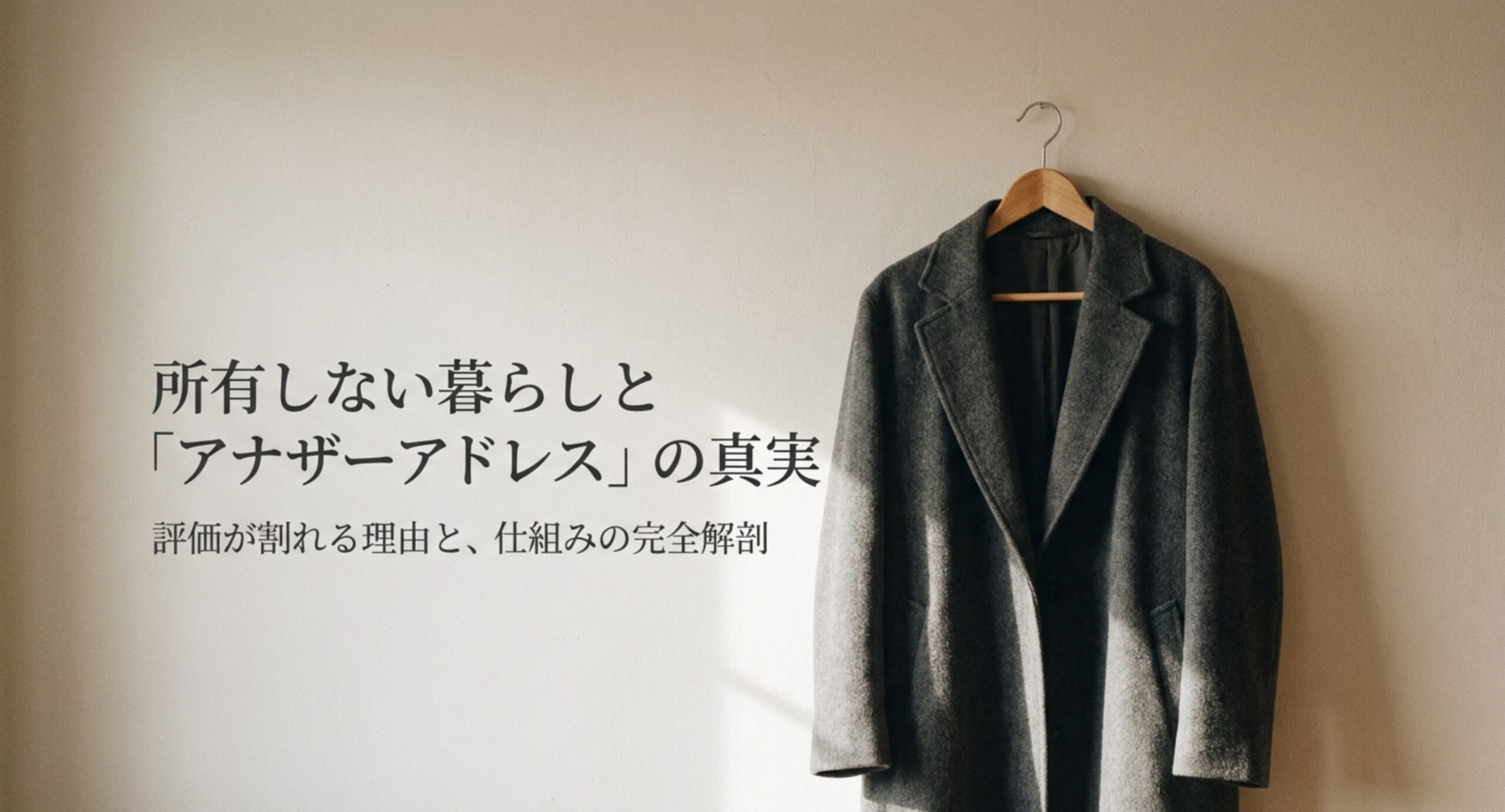 壁に掛けられたコートを背景に「所有しない暮らしと『アナザーアドレス』の真実 評価が割れる理由と、仕組みの完全解剖」と書かれた記事の表紙スライド