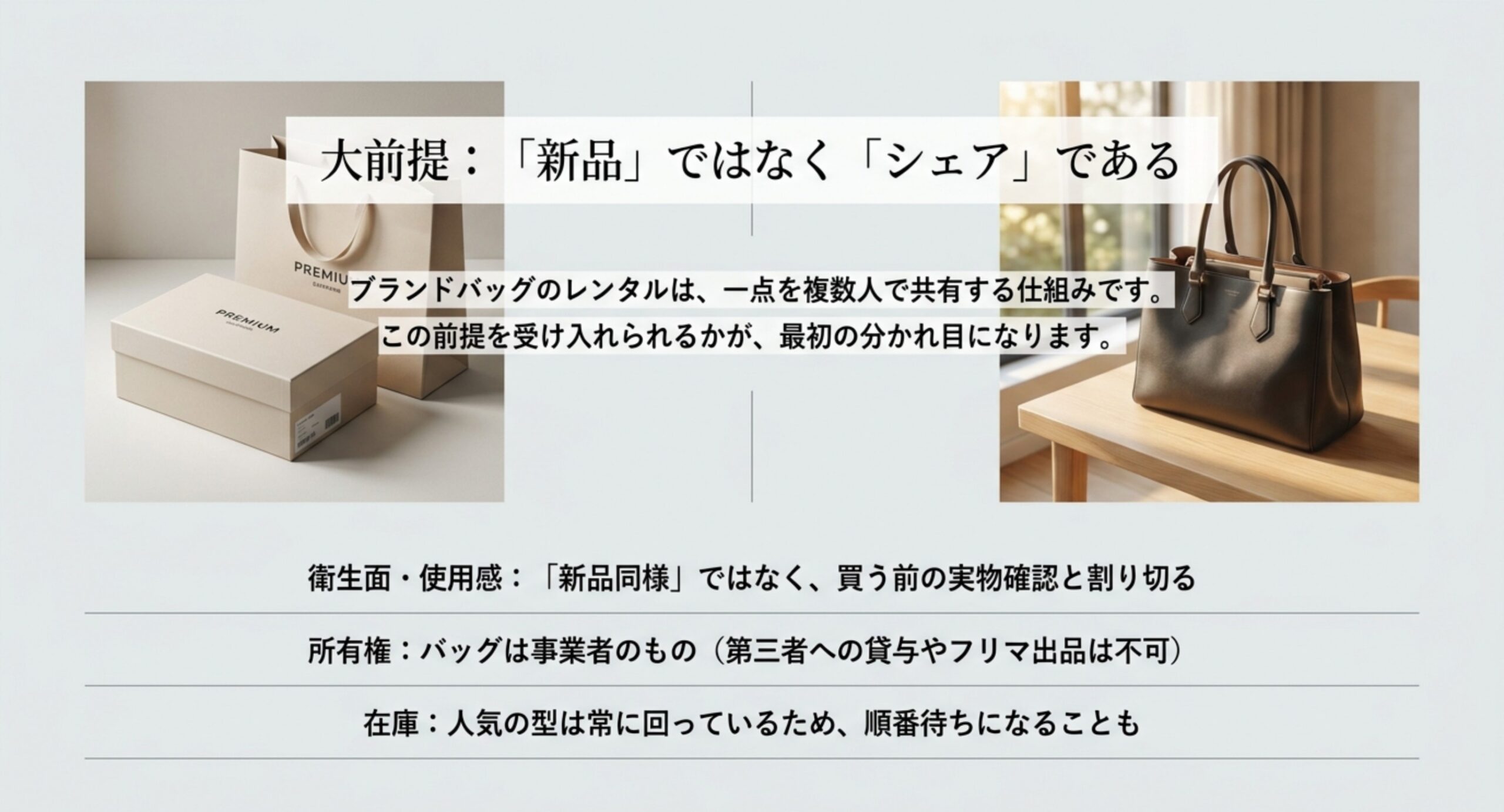 ブランドバッグのレンタルは一点を複数人が使い回す仕組みであり、新品が届くわけではないという前提を示したスライド