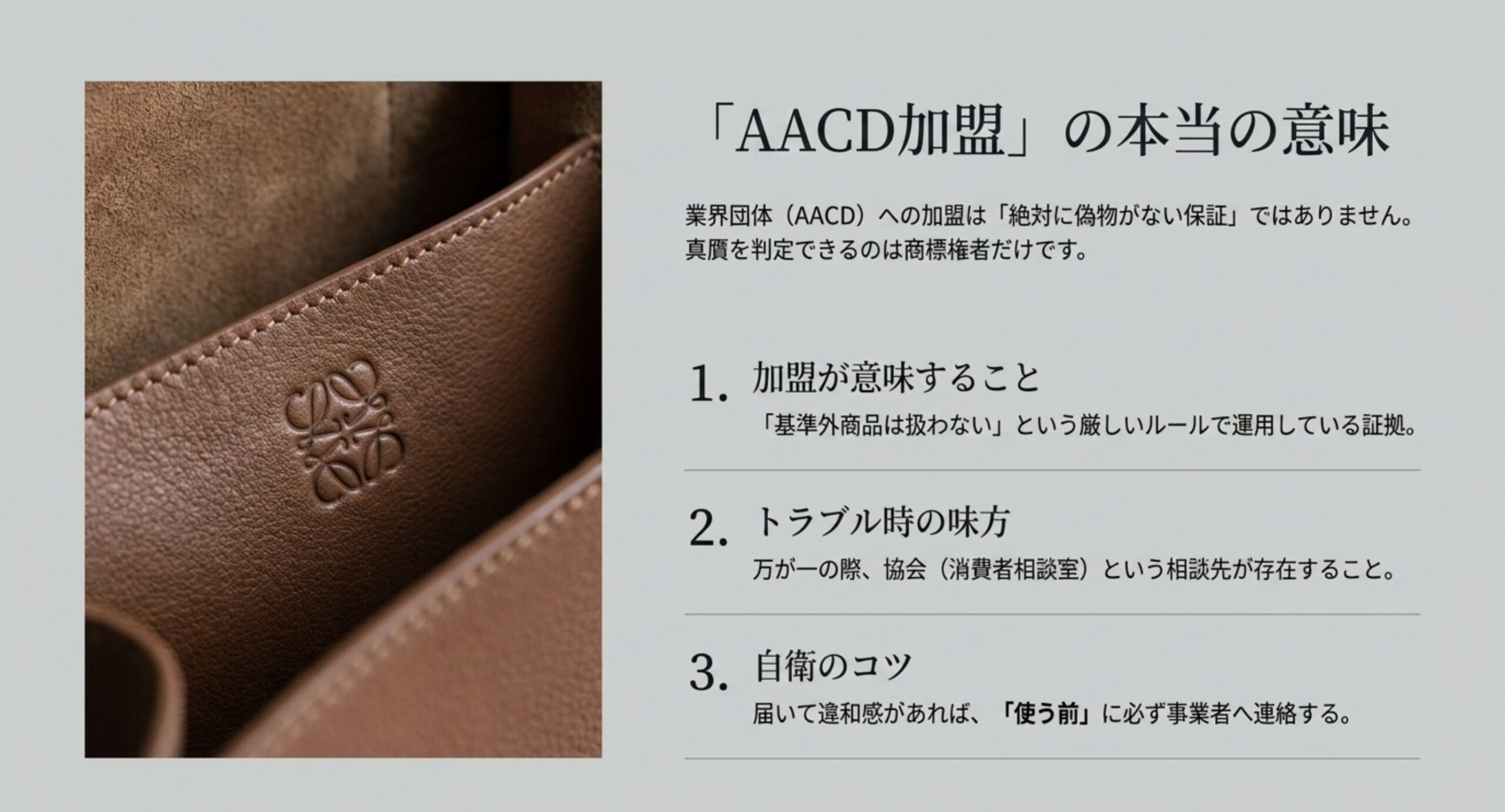 業界団体への加盟は偽物が入らない保証ではないという、団体自身の説明にもとづく整理を示したスライド