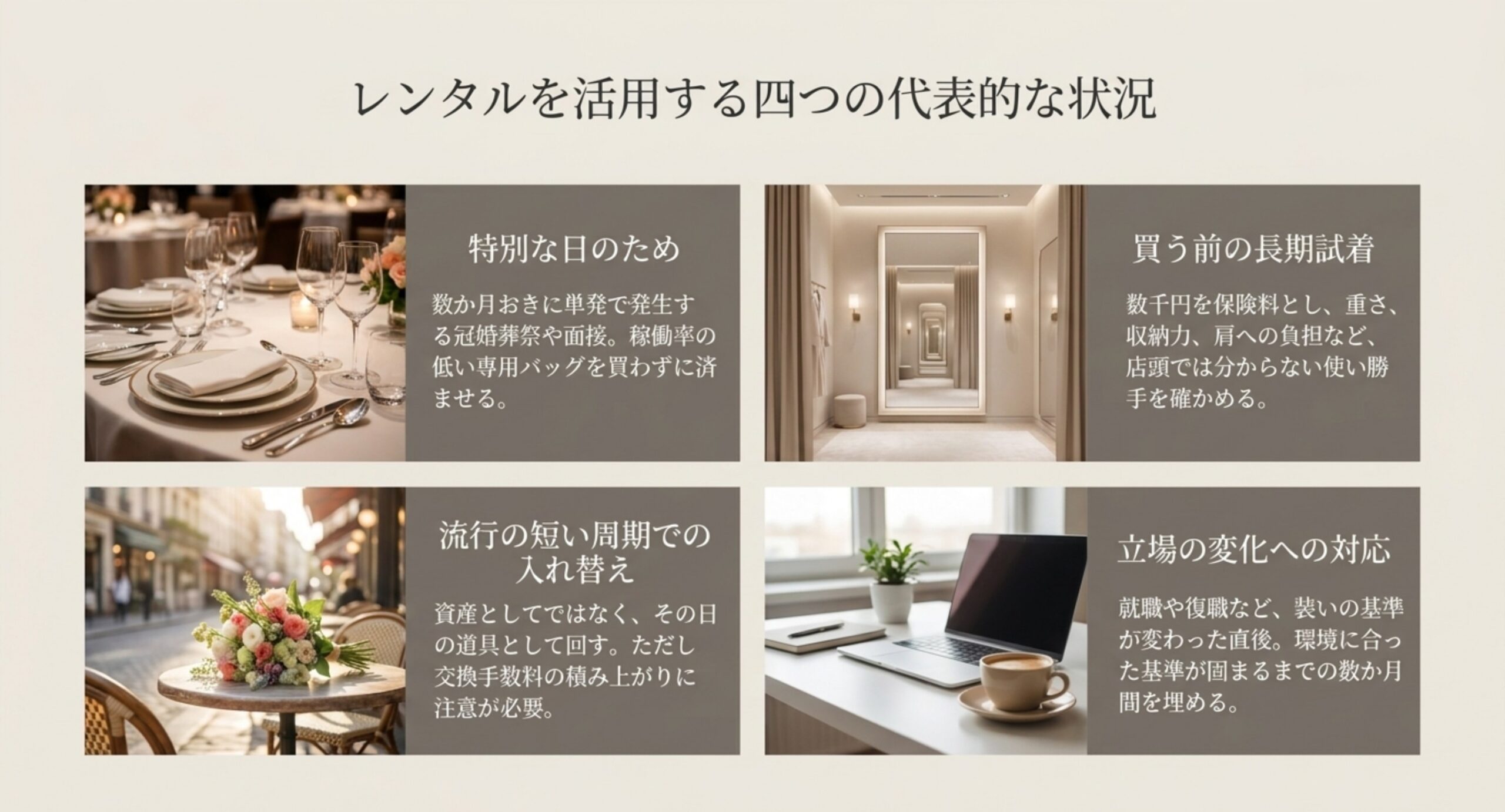 特別な日のため、買う前の長期試着、流行の入れ替え、管理の手間を持ちたくないという四つの代表的な状況を並べたスライド