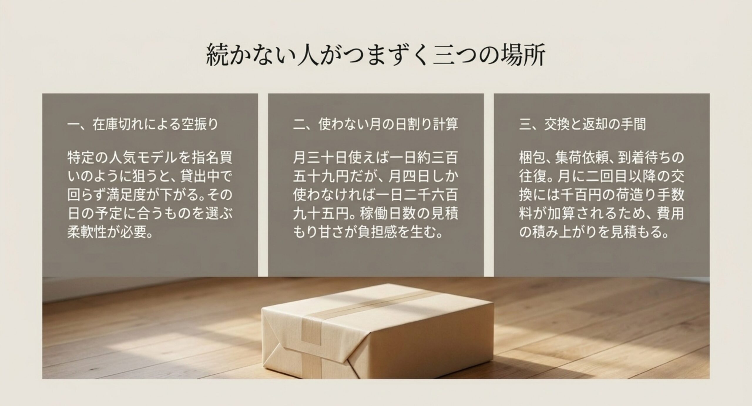 在庫切れによる空振りなど、レンタルが続かない人がつまずきやすい三つの場面を整理したスライド