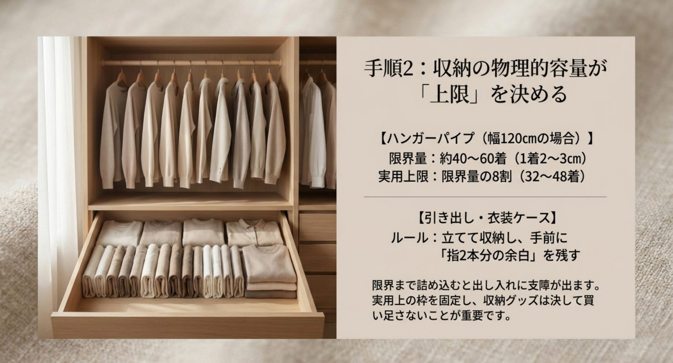 幅120センチのハンガーパイプなら約40〜60着が限界量で実用上限はその8割、引き出しは立てて収納し手前に指2本分の余白を残すという収納容量の目安を示したスライド