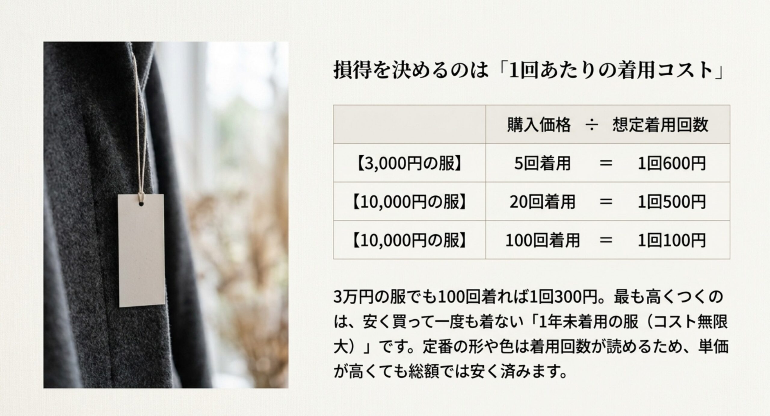 購入価格を想定着用回数で割った1回あたりの着用コストを比較し、最も高くつくのは安く買って一度も着ない服だと示したスライド