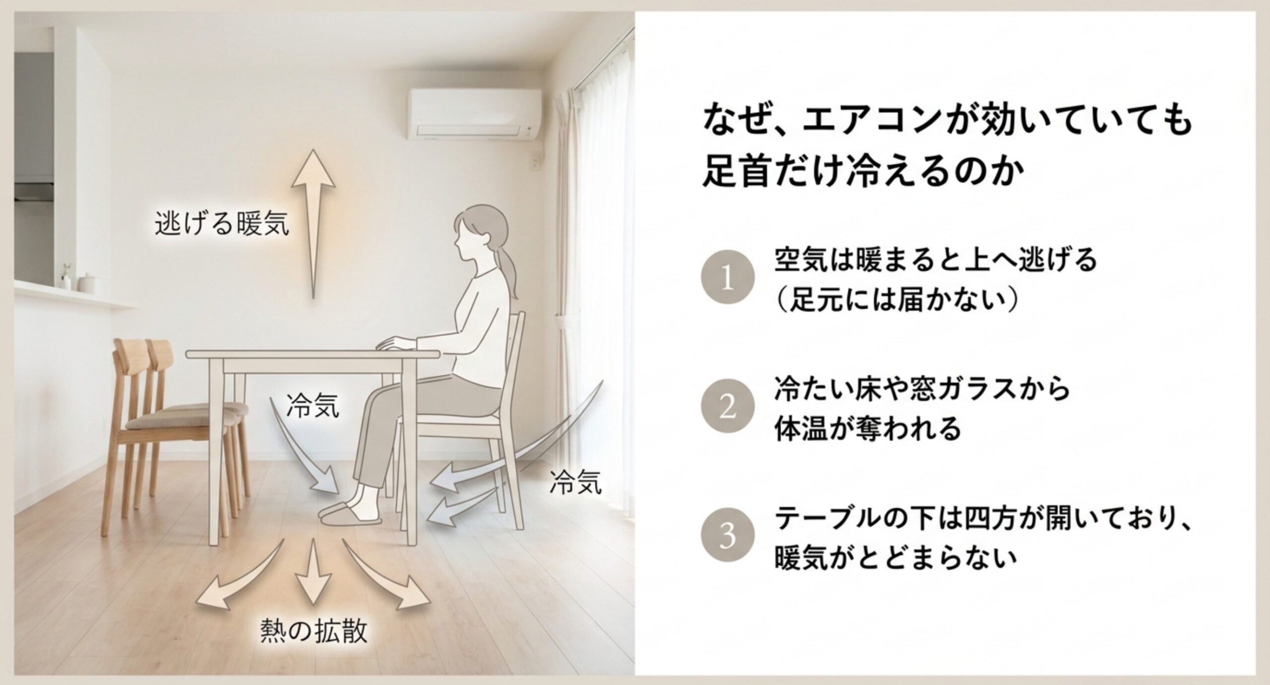 暖まった空気は上へ行き冷気が床にたまること、窓から冷気が下りてくること、熱が拡散することで足元だけが冷える仕組みを示した図解スライド